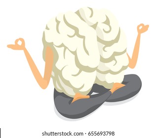 Cartoon illlustration of brain practicing yoga in lotus position