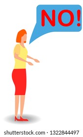 cartoon illustation of No furious screaming woman. Rebel anngry woman roar. Speech balloon with scream exclemation.