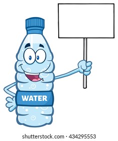 Cartoon Illustation Of A Water Plastic Bottle Mascot Character Holding Up A Blank Sign. Vector Illustration Isolated On White Background