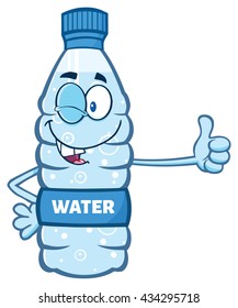 Cartoon Illustation Of A Water Plastic Bottle Mascot Character Winking And Holding A Thumb Up. Vector Illustration Isolated On White Background