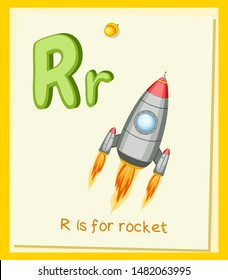 Cartoon Illustrated Alphabet Flashcard. Preschool Educational Illustration. R is for Rocket. Cartoon Vector Rocket Ship  with Letter R