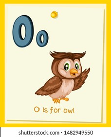 Cartoon Illustrated Alphabet Flashcard. Preschool Educational Illustration. O is for Owl. Cartoon Vector Owl  with Letter O