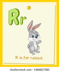 Cartoon Illustrated Alphabet Flashcard. Preschool Educational Illustration. R is for Rabbit. Cartoon Vector Rabbit with Letter R