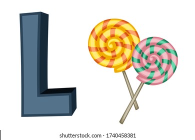 Cartoon Illustrated Alphabet Flashcard. Preschool Educational Illustration. L is for Lollipop. Cartoon Vector Lollipop  with Letter L