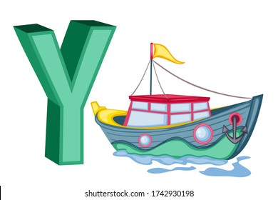 Cartoon Illustrated Alphabet Flashcard. Preschool Educational Illustration. Y is for Yacht. Cartoon Vector Yacht  with Letter Y