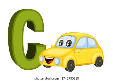 Cartoon Illustrated Alphabet Flashcard. Preschool Educational Illustration. C is for Car. Cartoon Vector Car  with Letter C