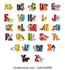 Cartoon Illustrated Animal Alphabet. Alligator, Bear, Cat, Dog, Elephant, Frog, Giraffe, Horse, Iguana, Jellyfish, Kangaroo, Lion, Monkey, Nightingale, Owl, Panda, Quail, Zebra. Letters from A to Z