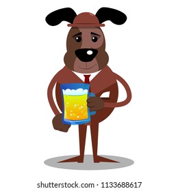 Cartoon illustrated business dog drinking beer from a big mug.