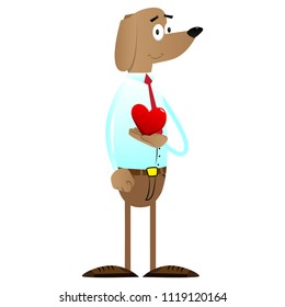 Cartoon illustrated business dog holding red heart in his hand.