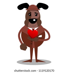 Cartoon illustrated business dog holding red heart in his hand.