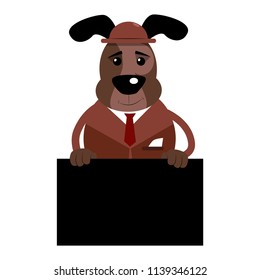 Cartoon illustrated business dog holding blank black sign.