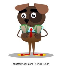 Cartoon Illustrated Business Dog Holding Or Showing Money Bills.