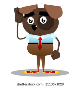 Cartoon illustrated business dog holds hand at his ear, listening.