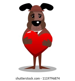 Cartoon illustrated business dog hugging big red heart.