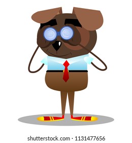 Cartoon illustrated business dog looking through binoculars.