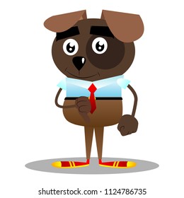 Cartoon illustrated business dog showing dislike hand sign.