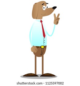 Cartoon illustrated business dog showing the V sign.