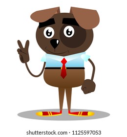 Cartoon illustrated business dog showing the V sign.