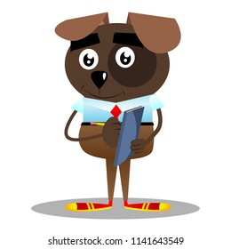 Cartoon illustrated business dog writing on a books cover.