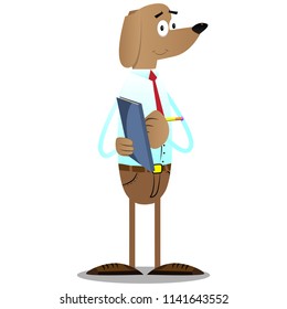 Cartoon illustrated business dog writing on a books cover.