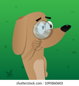 Cartoon illustrated dog holding a magnifying glass.