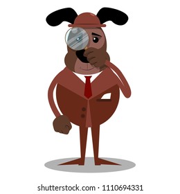 Cartoon illustrated dog holding a magnifying glass.
