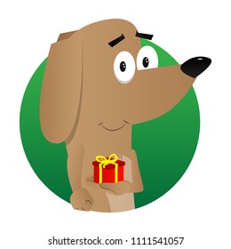 Cartoon illustrated dog holding small gift box.