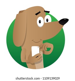 Cartoon illustrated dog using a mobile phone.