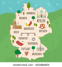 Cartoon illustrated map of Germany. Travel illustration with german landmarks, buildings, food and plants. Funny tourist infographics. National symbols. Famous attractions. Vector illustration