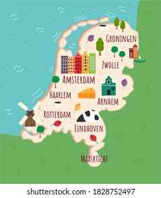 Mapa de dibujos animados de los Países Bajos. Ilustración de viajes con monumentos, edificios, alimentos y plantas de tierras huecas. Graciosas infografías turísticas. Símbolos. Atracciones famosas. Ilustración del vector