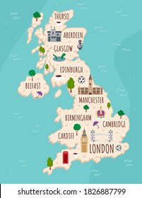 Cartoon  illustrated map of United Kingdom. Travel illustration with British landmarks, buildings, food and plants. Funny tourist infographics. National symbols. Famous attractions. Vector illustratio