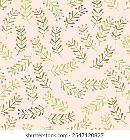 Cartoon illustrated seamless vector pattern with wild plants and berries on pink background