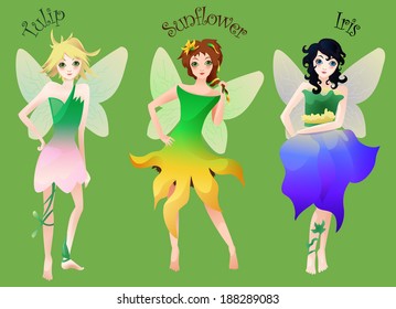 Cartoon illustrated set of cute little fairies in flower dresses isolated on green