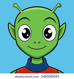 A cartoon illustrates a green alien with large eyes and ears