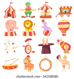 Cartoon illustration of 16 circus vector icons for web