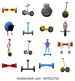 Cartoon illustration of 16 scooter balance vector icons for web