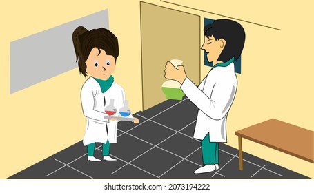 cartoon illustration of 2 children wearing doctor's clothes doing research