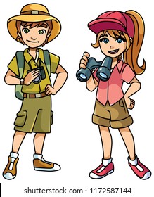 Cartoon illustration of 2 happy young explorers ready for their next adventure and isolated on white background. 