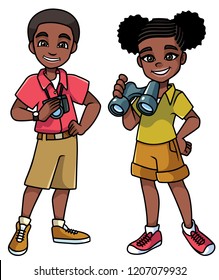 Cartoon illustration of 2 happy young explorers ready for their next adventure and isolated on white background. 