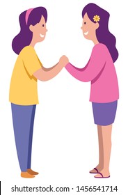 Cartoon illustration of 2 sisters enjoying the company of each other over white background.