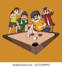 Cartoon-Illustration von 4 Mann, der Carrom Board Game spielt. Karomgrafik, Skizzenzeichnung des Kartonspielers, Kunstskizze-Illustration des Strikers von Karombrett.