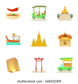 Cartoon illustration of 9 attractions of Thailand vector icons for web