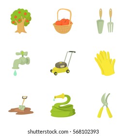 Cartoon illustration of 9 garden maintenance vector icons for web