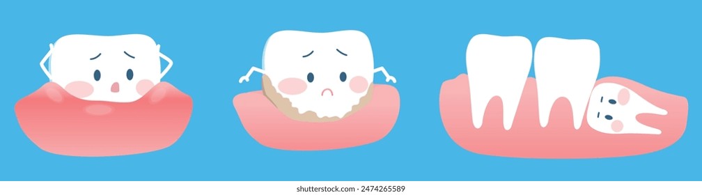 Ilustración de dibujos animados sobre dientes, encías, salud dental. Encías rojas e hinchadas. Sarro. Caries dental.