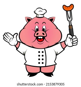 Cartoon illustration of Adorable Fat Pig wearing chef hat and uniform, greeting and holding a fork with sausage, best for mascot, sticker, decoration, logo, and character with culinary themes for kids