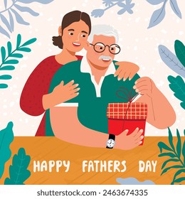 Cartoon illustration with adult daughter congratulating her elderly dad.Happy Fathers Day, poster with cute characters having fun and hugging.Vector design for  postcards,banner template,backgrounds.