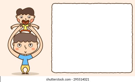 Cartoon illustration of an adult man, good dad, hands up high, holding his son, playing games. Happy Chinese Father's Day on August 8th. Blank frame clip art background decorations. Sweet home family.