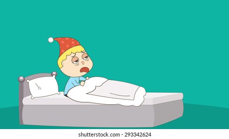 Cartoon illustration of an adult man having trouble sleeping. Medical and health care related concept. Insomnia problem, disorder symptom, difficulty. Stress, depression, mad, angry. Awake all night.