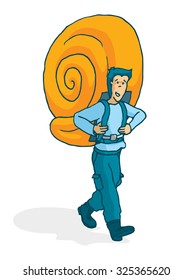 Cartoon illustration of adventurous man carrying a snail shell as backpack