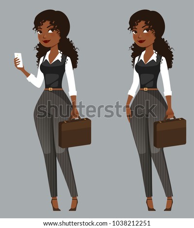 cartoon illustration of an African American businesswoman. Beautiful black girl in smart casual office fashion, holding a cell phone or briefcase. Isolated.